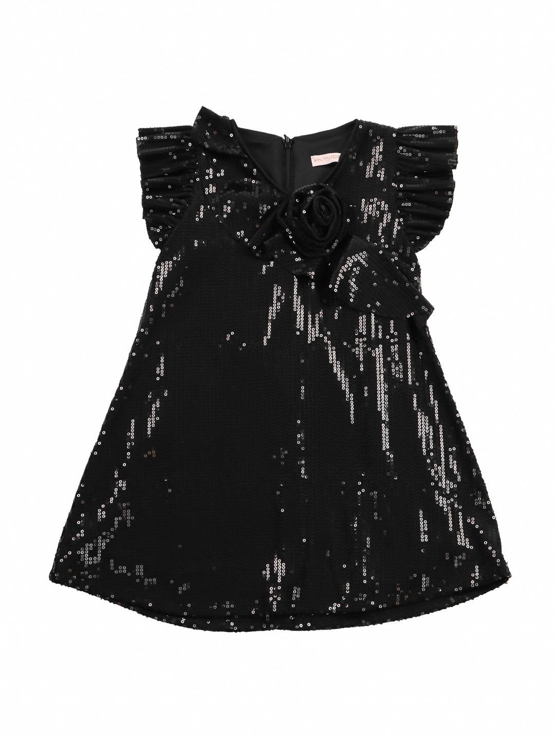 Vestido negro para niña con lentejuelas brillantes, detalle de flor en el pecho y mangas con volantes.