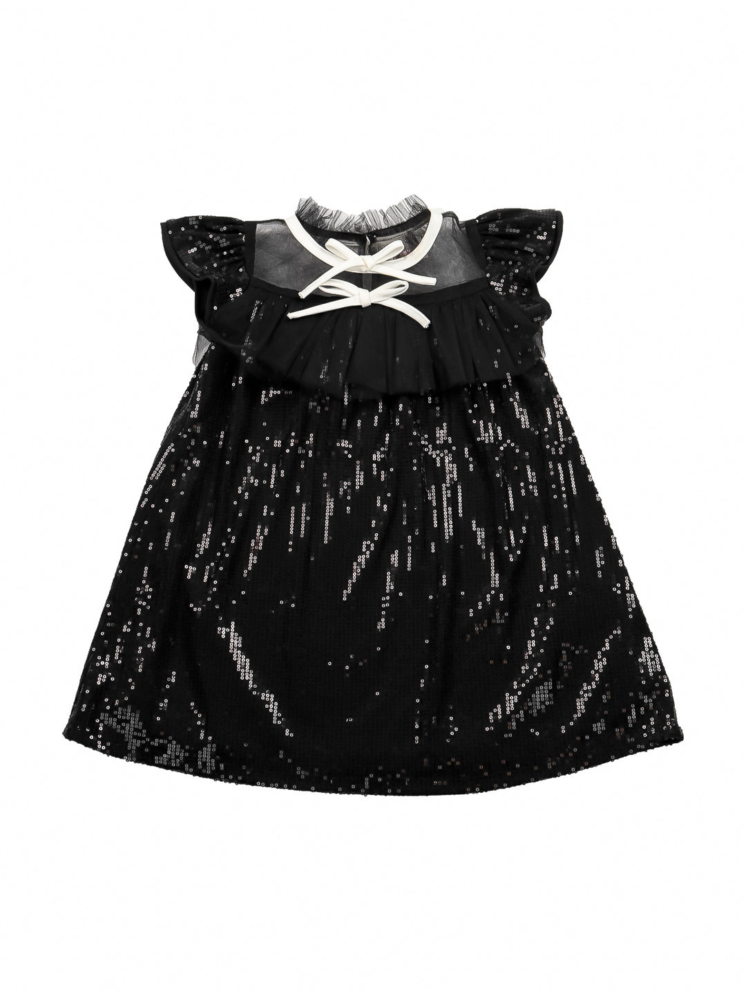Vestido corto negro para niña con lentejuelas brillantes y un moño blanco en el pecho.