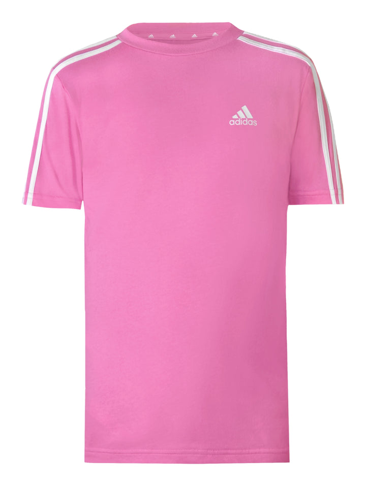 Playera Adidas rosa con tres franjas blancas en los hombros y logotipo blanco en el pecho.