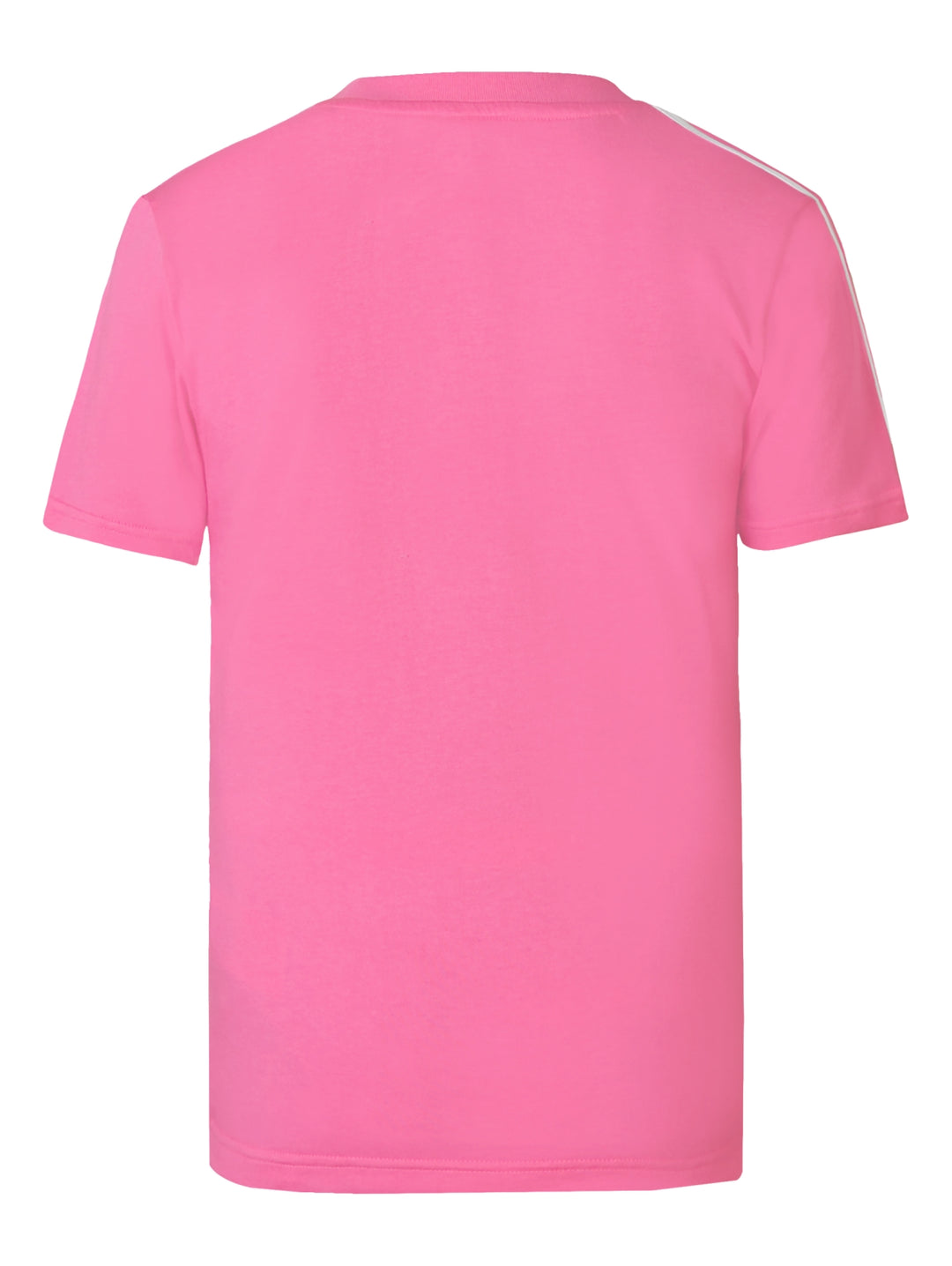 Playera Adidas rosa con tres franjas blancas en los hombros y logotipo blanco en el pecho.