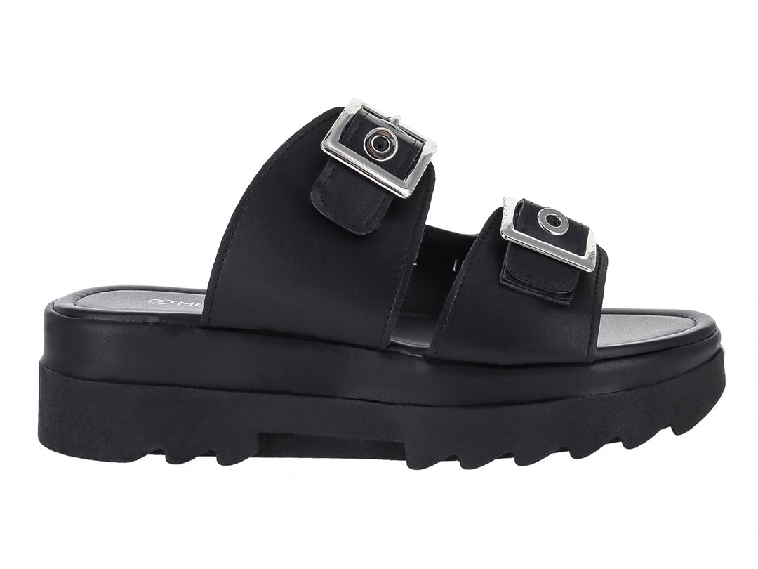 Sandalias negras de plataforma con dos correas ajustables mediante hebillas plateadas y suela dentada.
