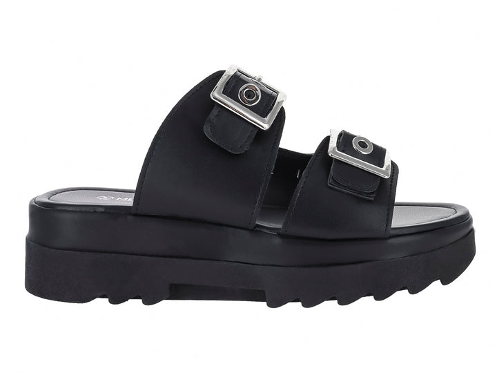 Sandalias negras de plataforma con dos correas ajustables mediante hebillas plateadas y suela dentada.