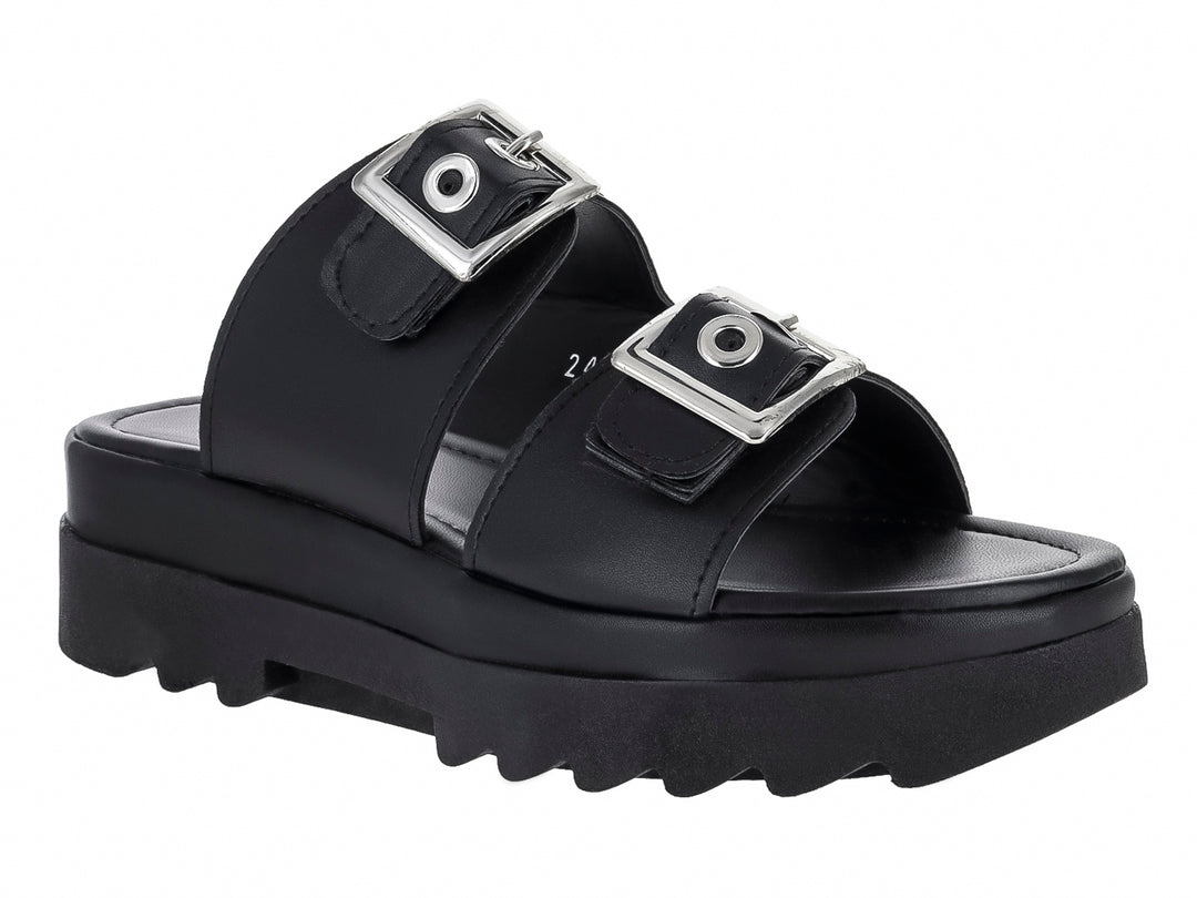 Sandalias negras de plataforma con dos correas ajustables mediante hebillas plateadas y suela dentada.