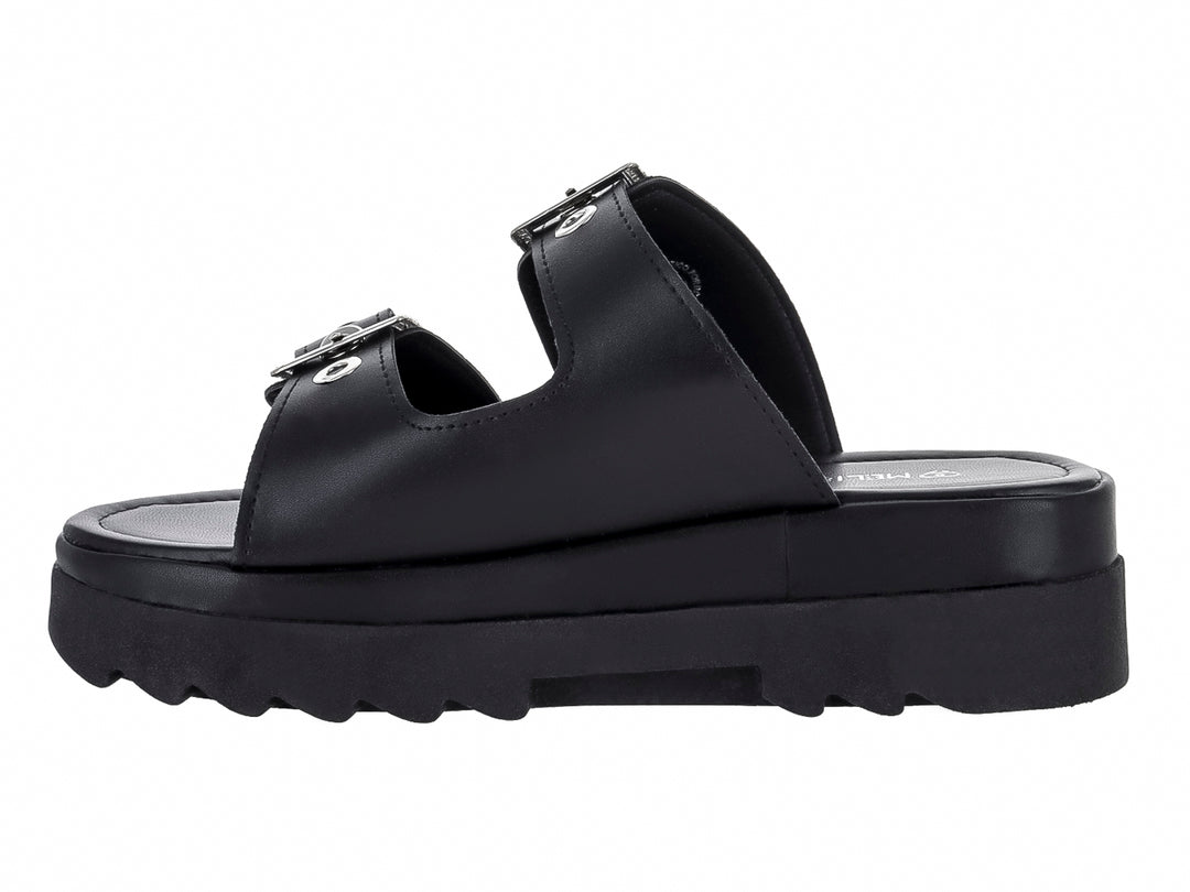 Sandalias negras de plataforma con dos correas ajustables mediante hebillas plateadas y suela dentada.