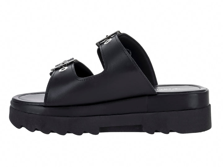 Sandalias negras de plataforma con dos correas ajustables mediante hebillas plateadas y suela dentada.