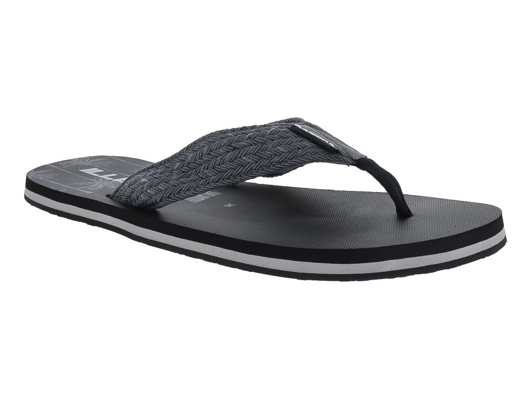 Sandalias casuales color gris oscuro con correa tejida y suela con detalle en blanco.