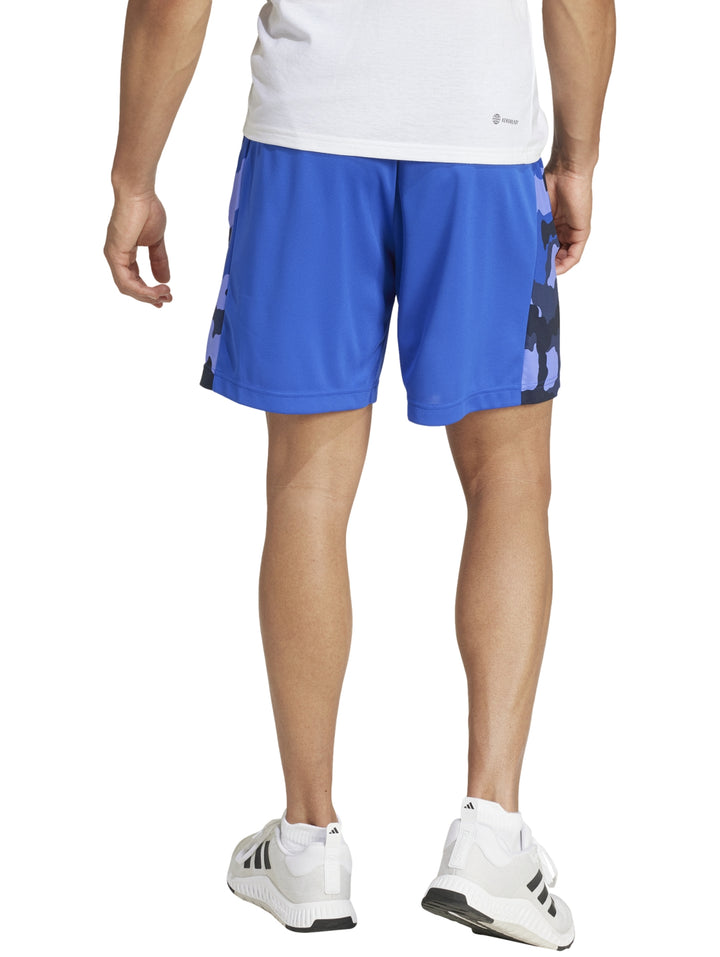 Shorts de entrenamiento Adidas en color azul con logo blanco en la pierna izquierda.