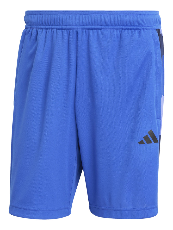 Shorts de entrenamiento Adidas en color azul con logo blanco en la pierna izquierda.