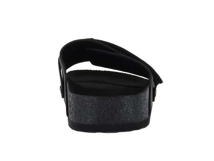 Sandalia deslizable color negro con correa ancha y botones decorativos.