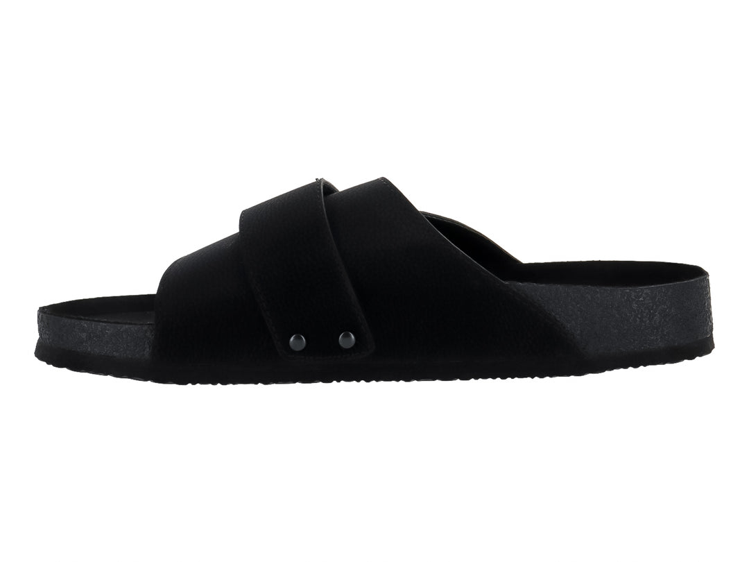 Sandalia deslizable color negro con correa ancha y botones decorativos.