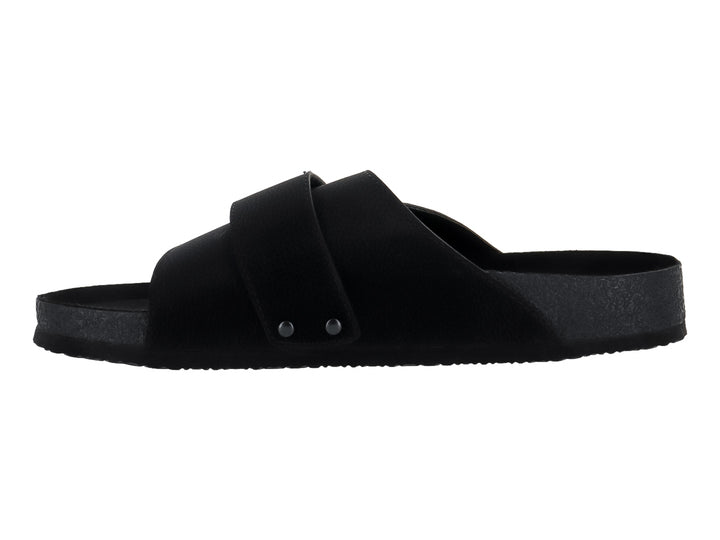 Sandalia deslizable color negro con correa ancha y botones decorativos.