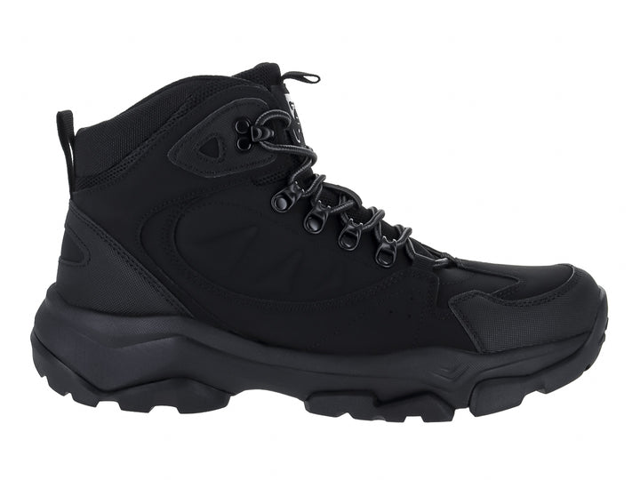 Bota deportiva de caña media en color negro sólido con suela gruesa y cordones negros.