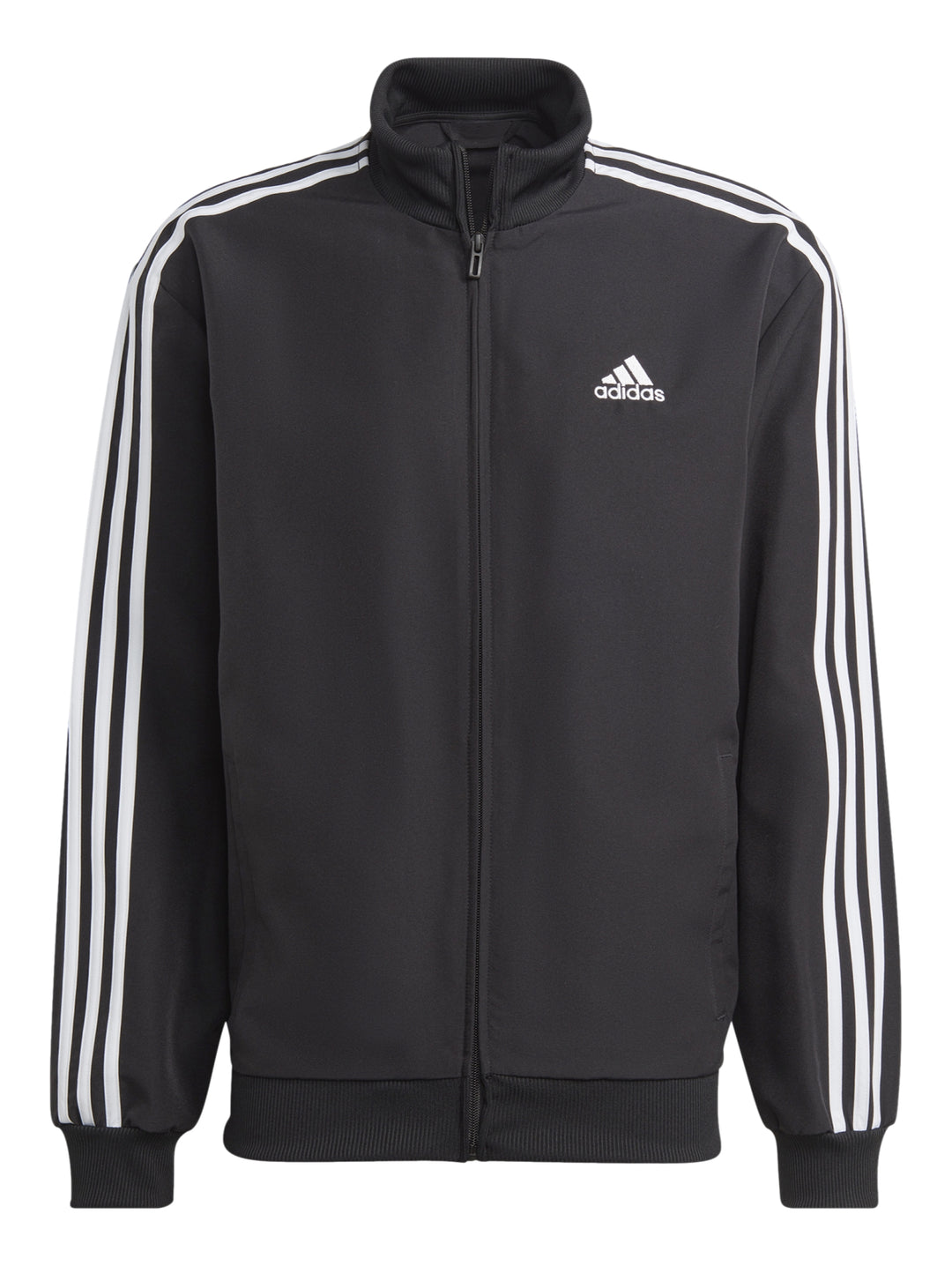 Conjunto deportivo Adidas negro con tres franjas blancas laterales compuesto por chaqueta y pantalón.