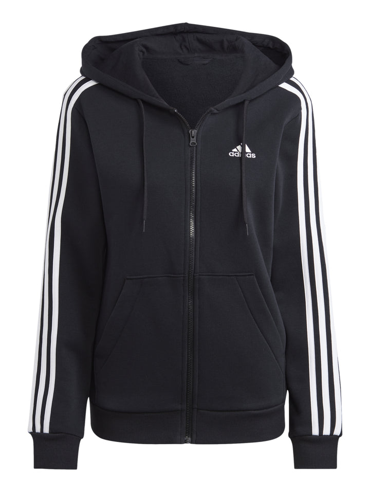 Sudadera negra con capucha y cierre, con tres franjas blancas en las mangas y logo de Adidas.