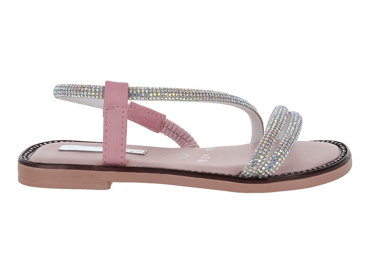 Sandalia plana color rosa para niña con detalles de brillantes en las correas.
