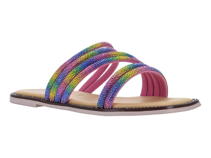 Sandalia plana para niña con tiras multicolores brillantes y suela beige.
