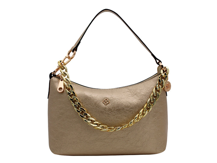 Bolso de hombro Jaime Ibiza en color oro con detalle de cadena dorada y asa negra.
