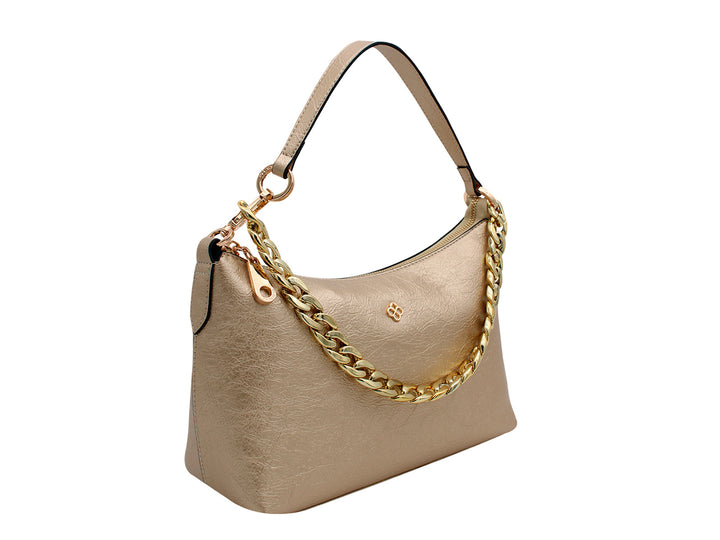 Bolso de hombro Jaime Ibiza en color oro con detalle de cadena dorada y asa negra.