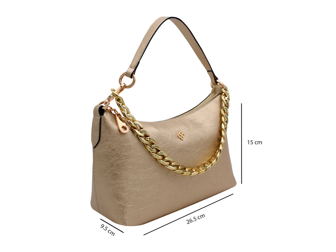 Bolso de hombro Jaime Ibiza en color oro con detalle de cadena dorada y asa negra.