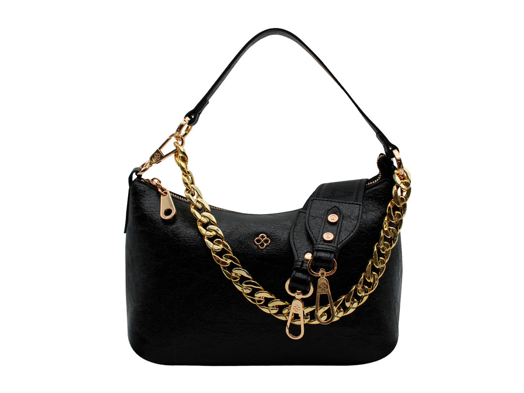 Bolso negro de hombro marca Jaime Ibiza con detalles de cadena dorada y textura rugosa.