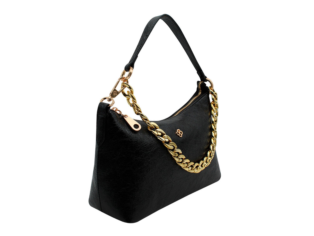 Bolso negro de hombro marca Jaime Ibiza con detalles de cadena dorada y textura rugosa.