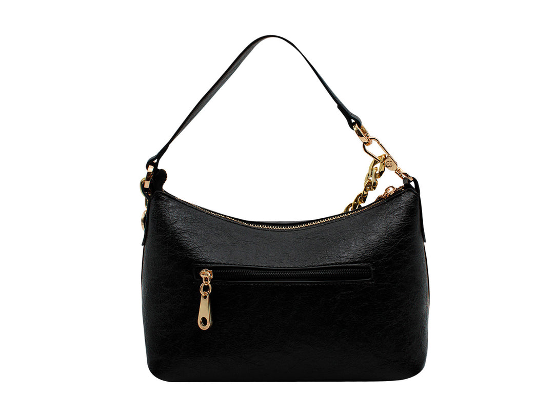 Bolso negro de hombro marca Jaime Ibiza con detalles de cadena dorada y textura rugosa.