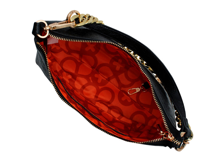 Bolso negro de hombro marca Jaime Ibiza con detalles de cadena dorada y textura rugosa.