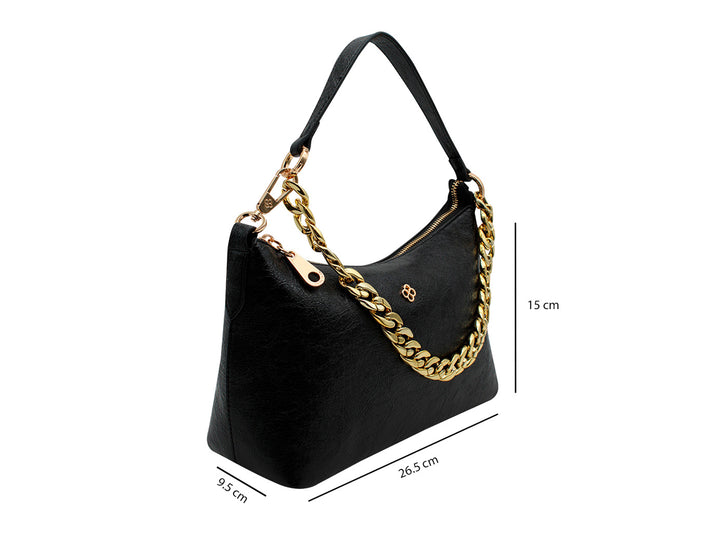 Bolso negro de hombro marca Jaime Ibiza con detalles de cadena dorada y textura rugosa.
