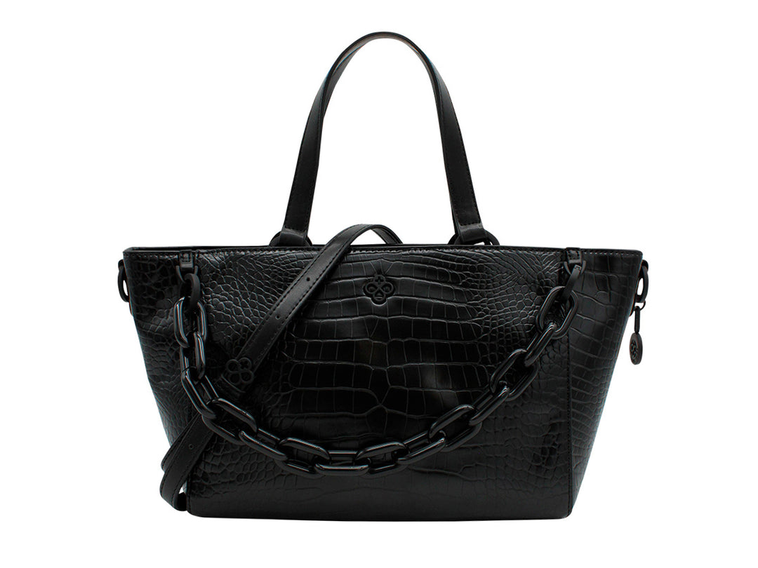 Bolso de hombro Jaime Ibiza en color negro con textura de cocodrilo y detalle de cadena frontal.