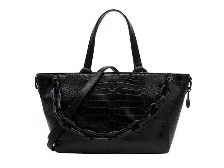 Bolso de hombro Jaime Ibiza en color negro con textura de cocodrilo y detalle de cadena frontal.