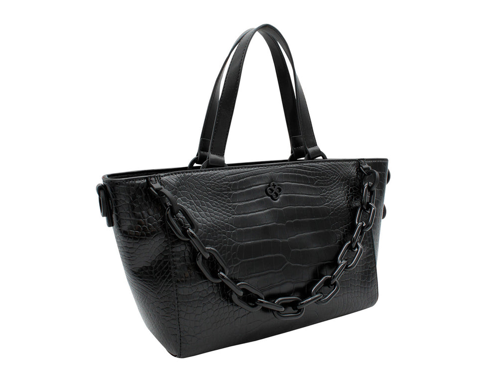 Bolso de hombro Jaime Ibiza en color negro con textura de cocodrilo y detalle de cadena frontal.