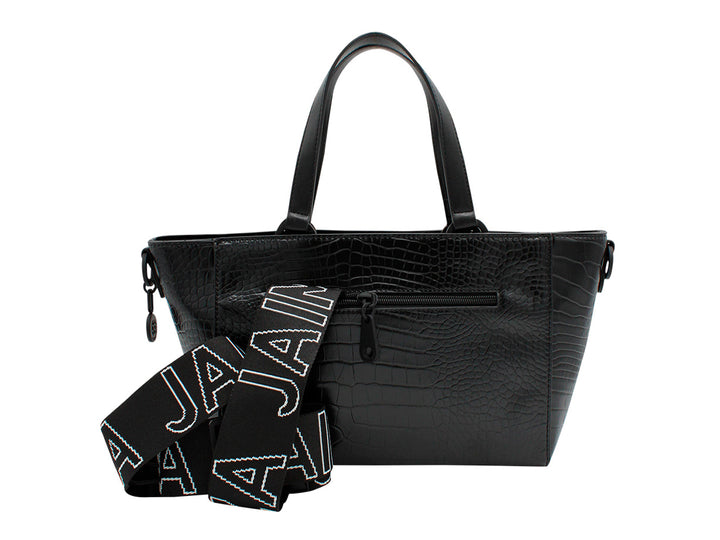Bolso de hombro Jaime Ibiza en color negro con textura de cocodrilo y detalle de cadena frontal.