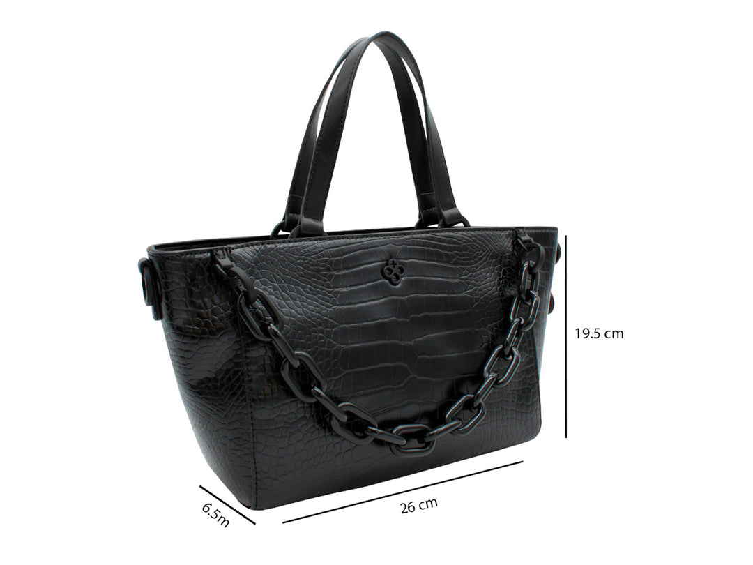 Bolso de hombro Jaime Ibiza en color negro con textura de cocodrilo y detalle de cadena frontal.