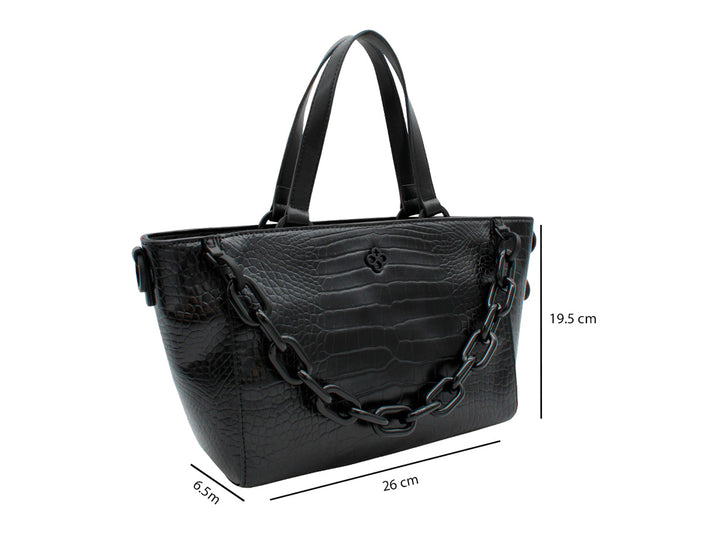 Bolso de hombro Jaime Ibiza en color negro con textura de cocodrilo y detalle de cadena frontal.