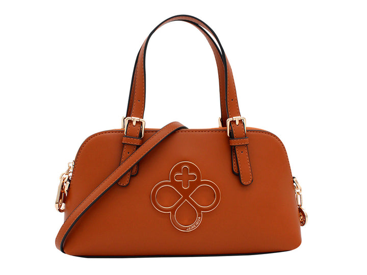 Bolso de hombro Jaime Ibiza color caramelo con asas cortas, correa larga y detalle circular en relieve al frente.