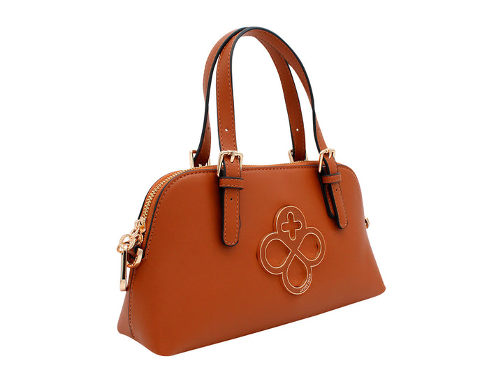 Bolso de hombro Jaime Ibiza color caramelo con asas cortas, correa larga y detalle circular en relieve al frente.
