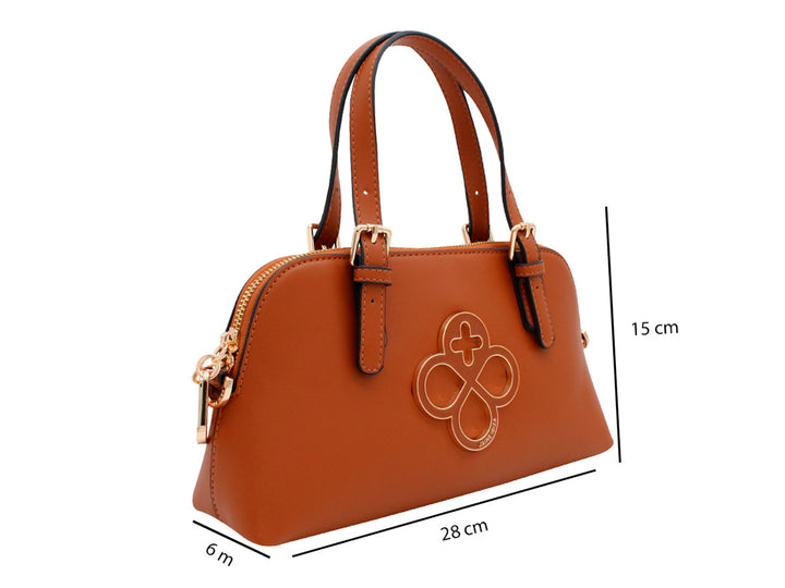 Bolso de hombro Jaime Ibiza color caramelo con asas cortas, correa larga y detalle circular en relieve al frente.
