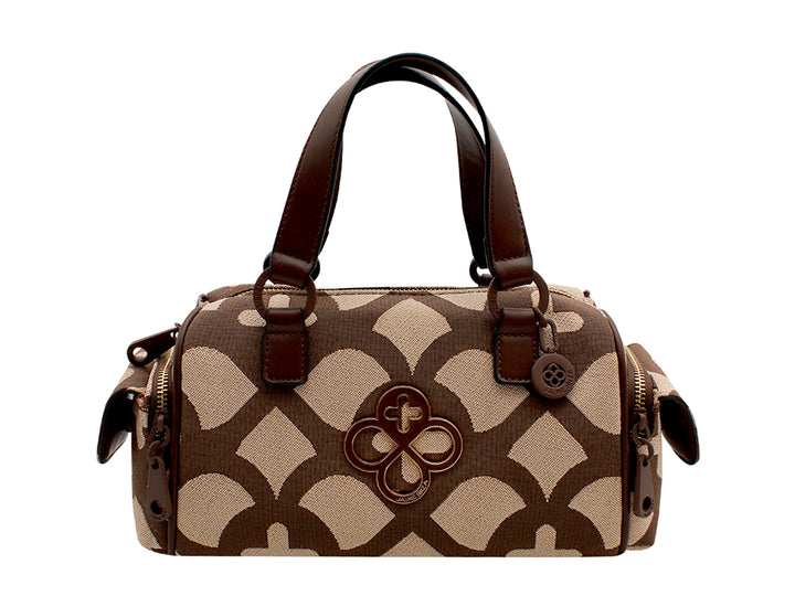 Bolso de mano Jaime Ibiza en color chocolate y beige con estampado geométrico y asas cortas.