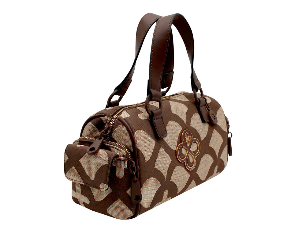 Bolso de mano Jaime Ibiza en color chocolate y beige con estampado geométrico y asas cortas.