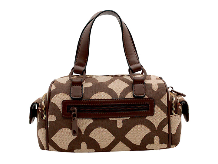 Bolso de mano Jaime Ibiza en color chocolate y beige con estampado geométrico y asas cortas.