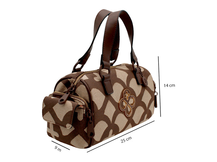 Bolso de mano Jaime Ibiza en color chocolate y beige con estampado geométrico y asas cortas.