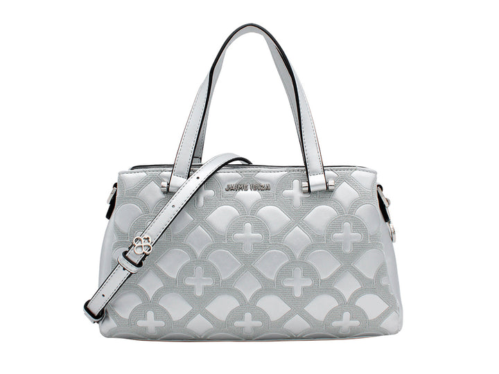 Bolso de hombro Jaime Ibiza color plata con diseño geométrico en relieve y correa ajustable.