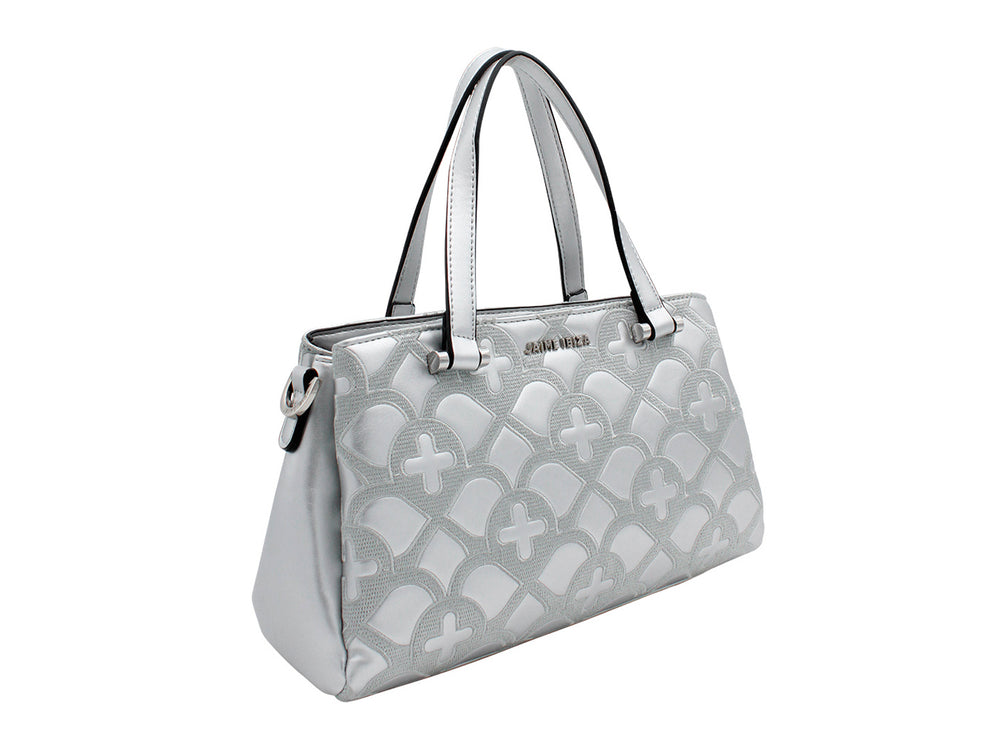Bolso de hombro Jaime Ibiza color plata con diseño geométrico en relieve y correa ajustable.