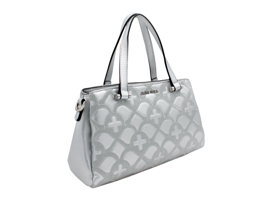 Bolso de hombro Jaime Ibiza color plata con diseño geométrico en relieve y correa ajustable.