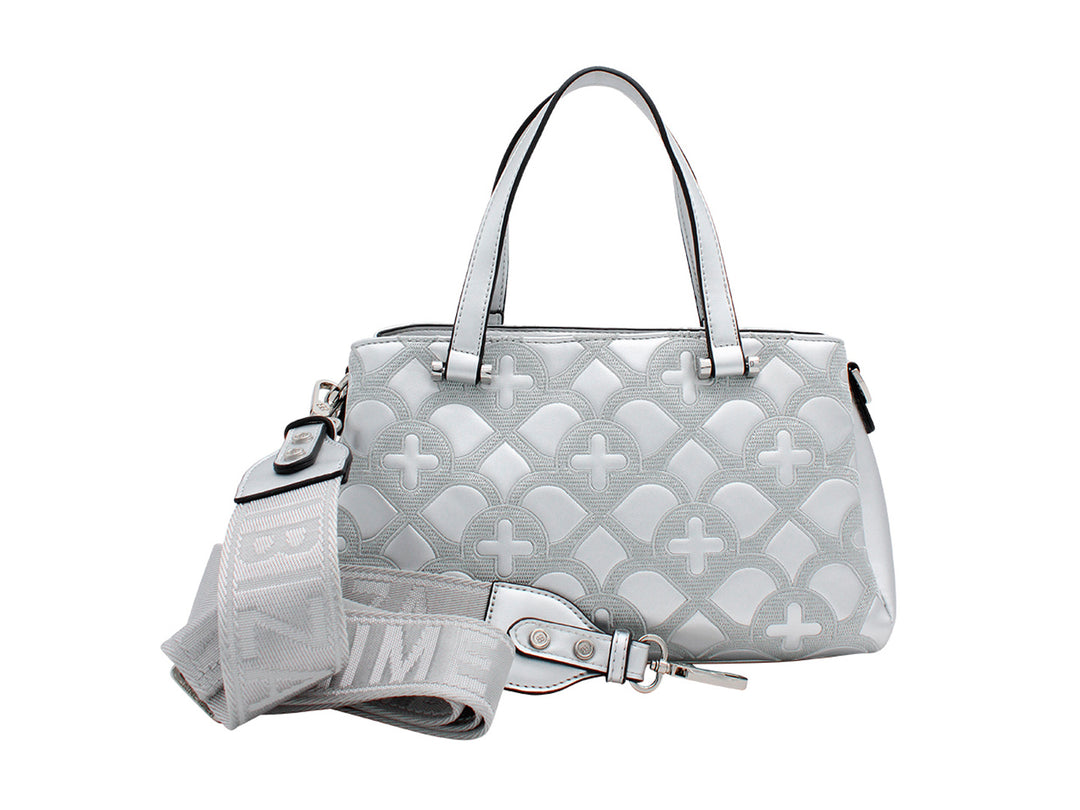 Bolso de hombro Jaime Ibiza color plata con diseño geométrico en relieve y correa ajustable.
