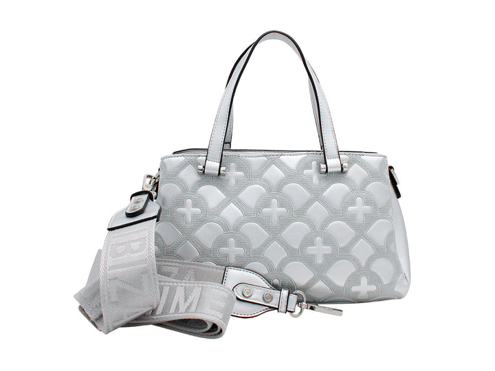 Bolso de hombro Jaime Ibiza color plata con diseño geométrico en relieve y correa ajustable.