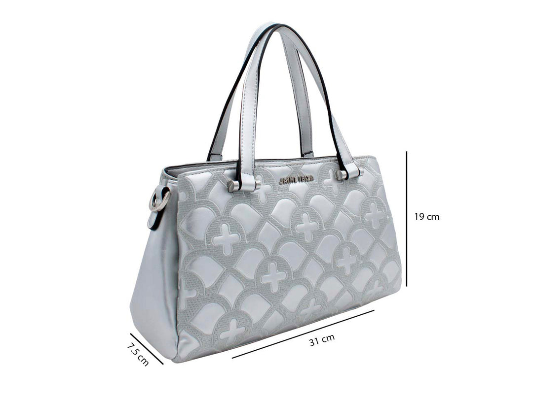 Bolso de hombro Jaime Ibiza color plata con diseño geométrico en relieve y correa ajustable.