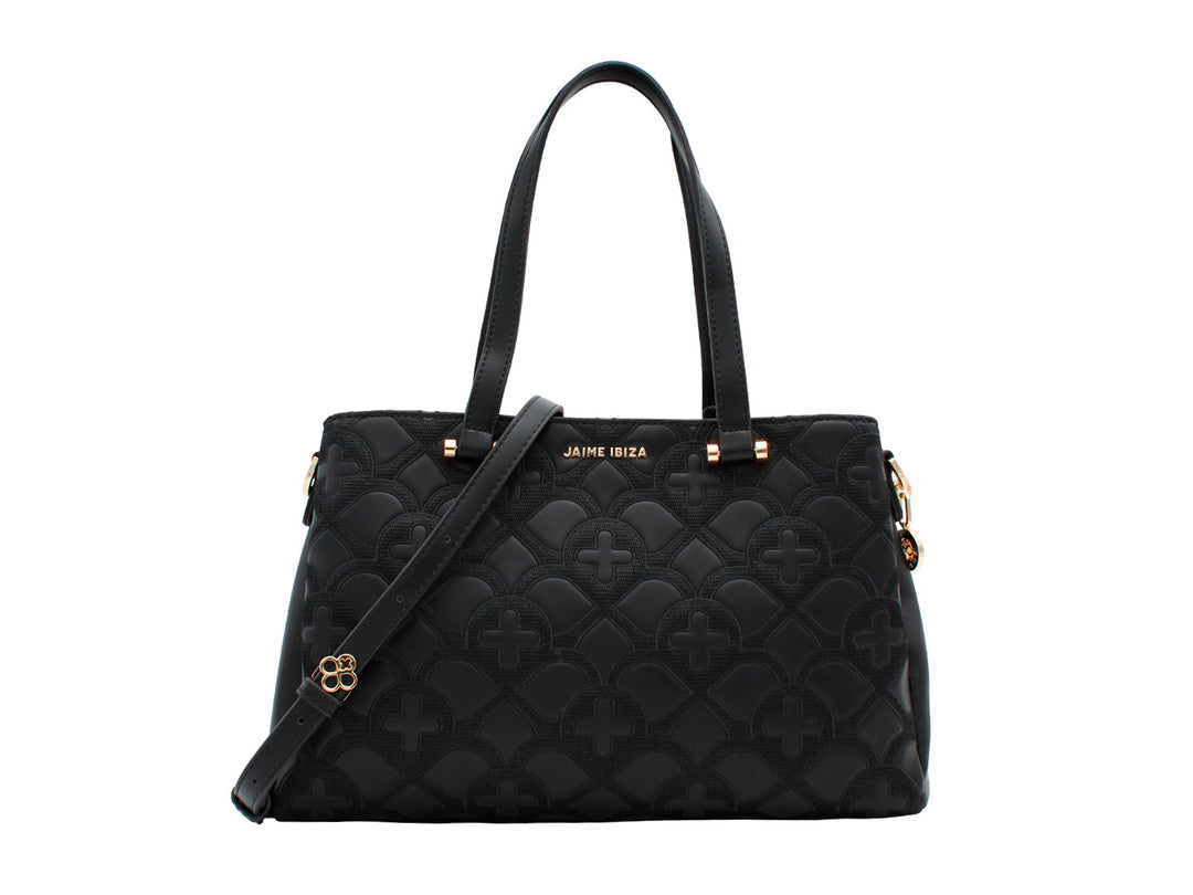 Bolso de hombro negro Jaime Ibiza con textura acolchada en relieve y detalles metálicos dorados.