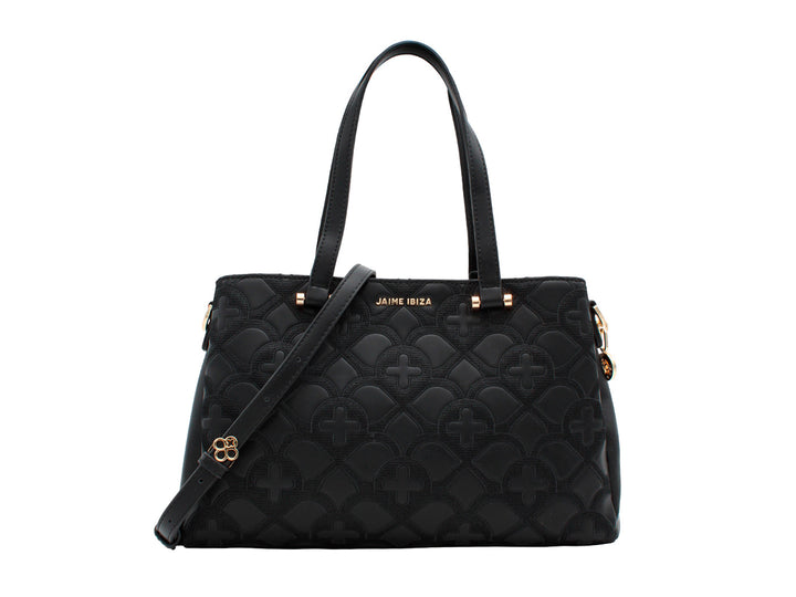 Bolso de hombro negro Jaime Ibiza con textura acolchada en relieve y detalles metálicos dorados.