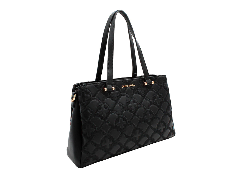 Bolso de hombro negro Jaime Ibiza con textura acolchada en relieve y detalles metálicos dorados.